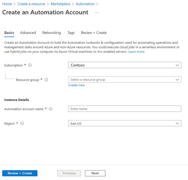 Required fields for creating the Automation account on Basics tab