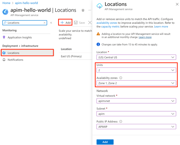 Screenshot of how to add new location for API Management instance with or without VNet.