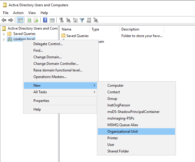 Screenshot of Active Directory Users and computers menu.