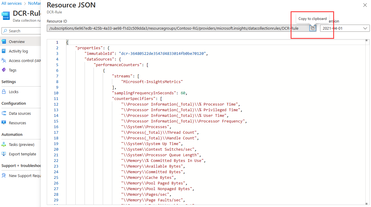 Screenshot of the Resource JSON window showing the JSON code for a data collection rule and highlighting the resource ID copy button.