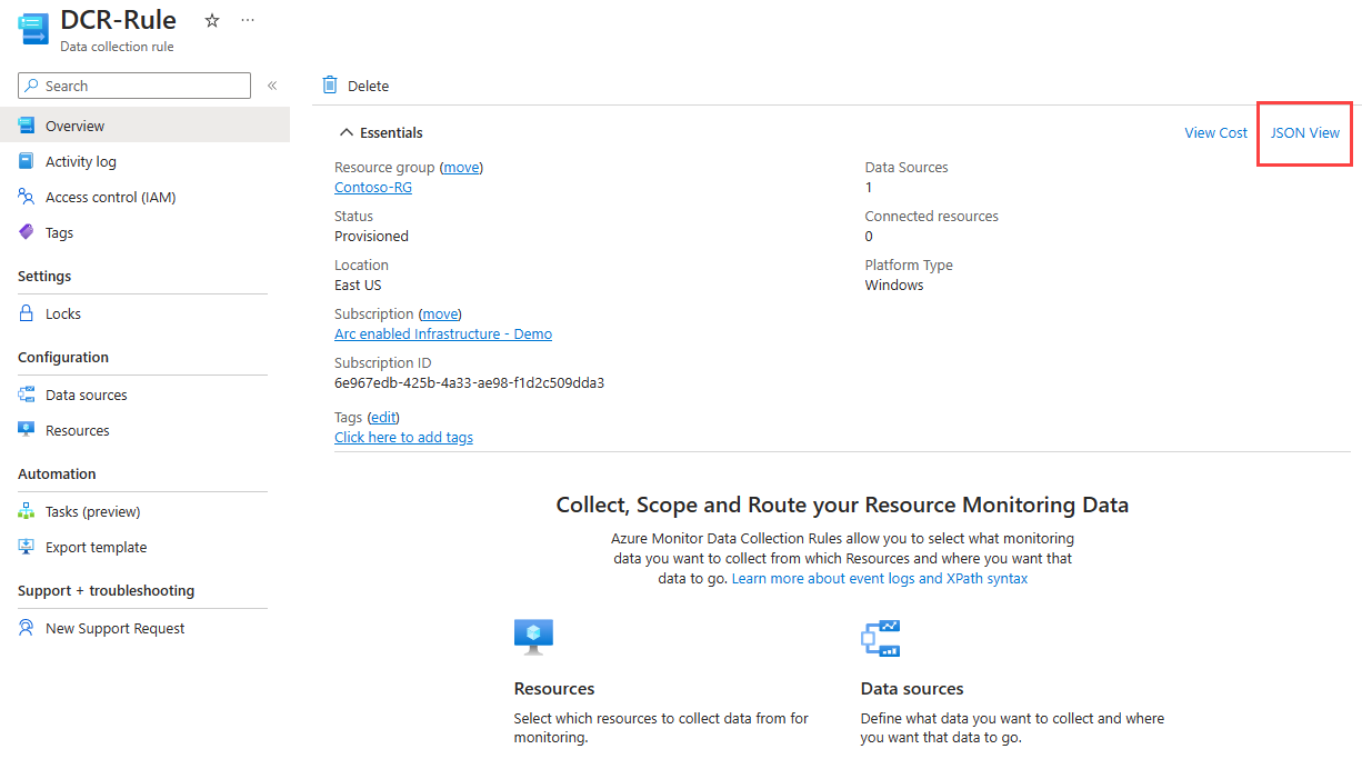Screenshot of the Overview window for a data collection rule highlighting the JSON view button.