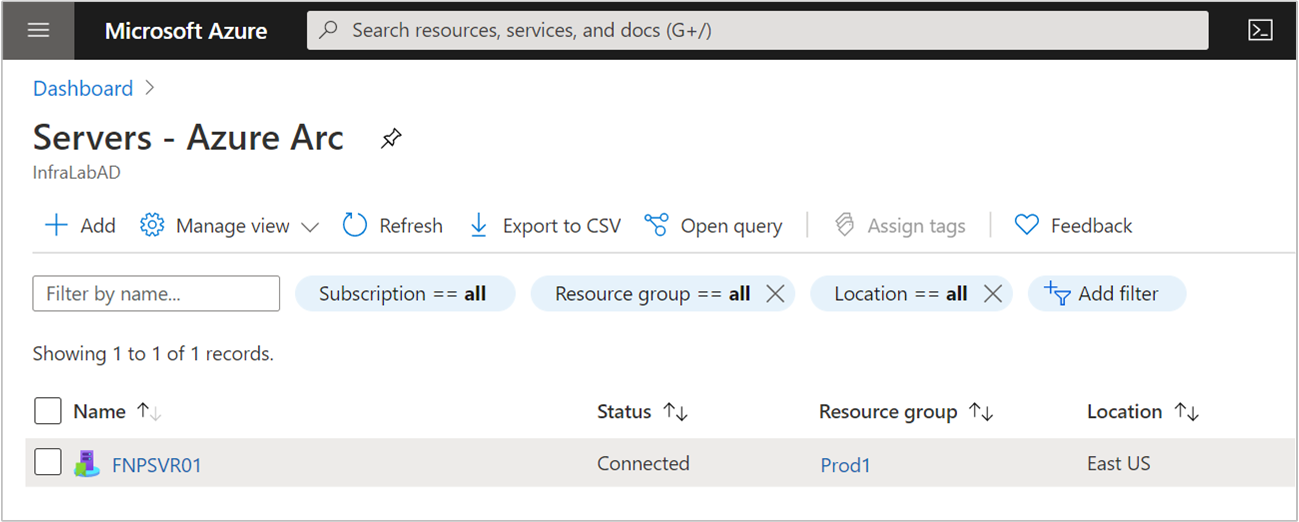 Screenshot of the Azure portal showing successful onboarding of Azure Arc-enabled servers.