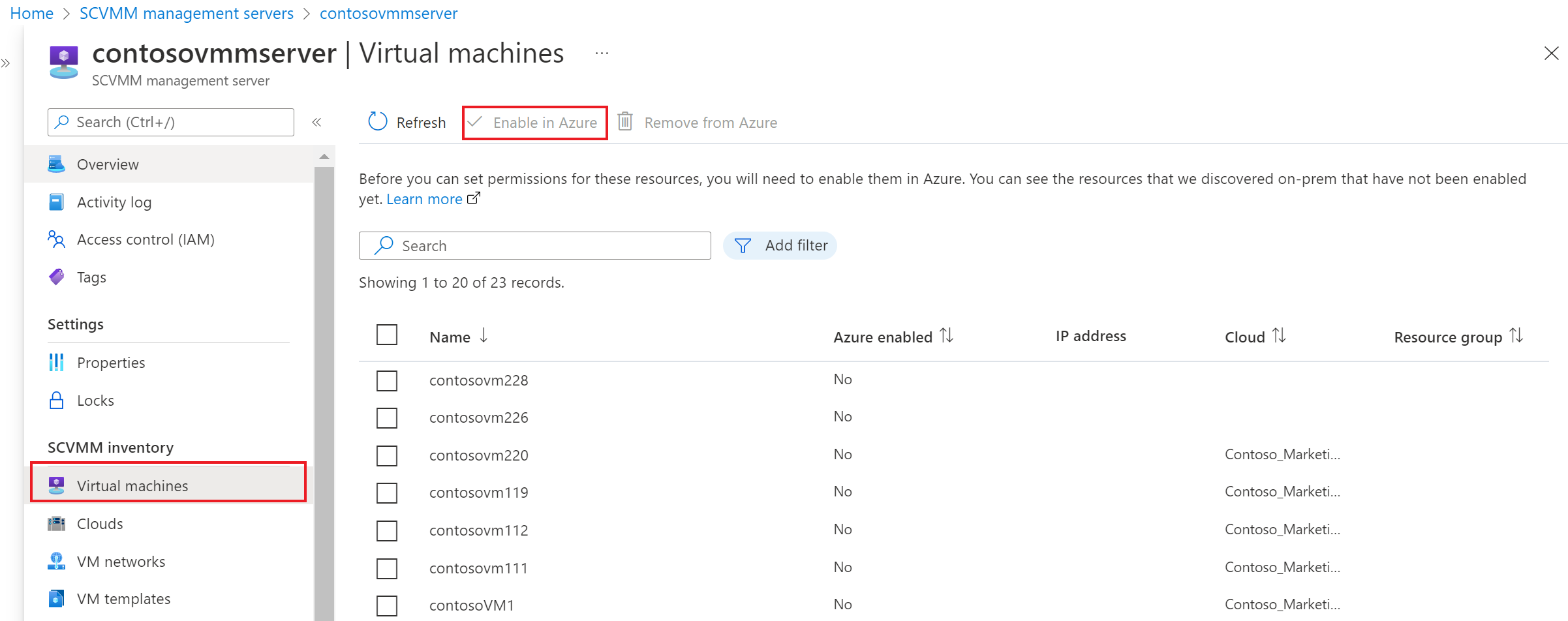 Screenshot of how to enable existing virtual machines in Azure.