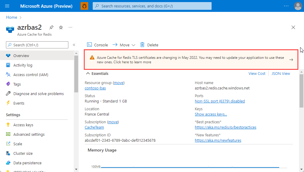 Screenshot that shows where alerts are displayed in the Azure Cache for Redis section.