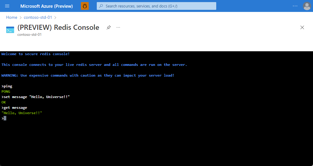 Screenshot thas shows the Redis Console with the input command and results.