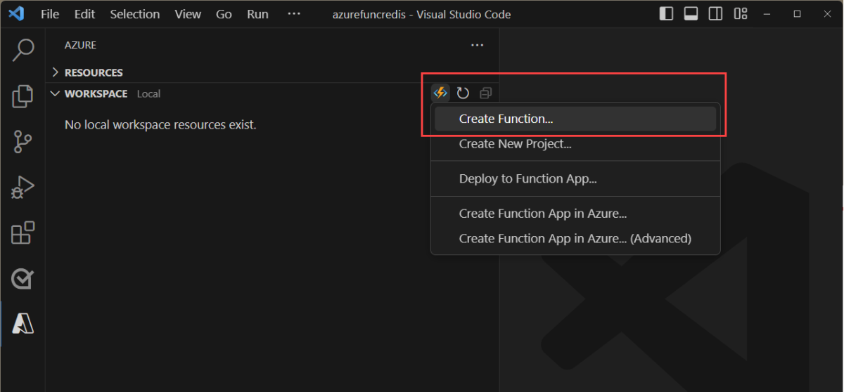 Screenshot that shows the icon for adding a new function from VS Code.