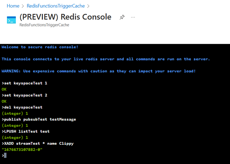 Screenshot of a console and some Redis commands and results.