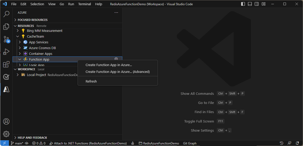 Screenshot of selections for creating a function app in VS Code.