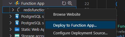 Screenshot of selections for deploying to a function app in VS Code.