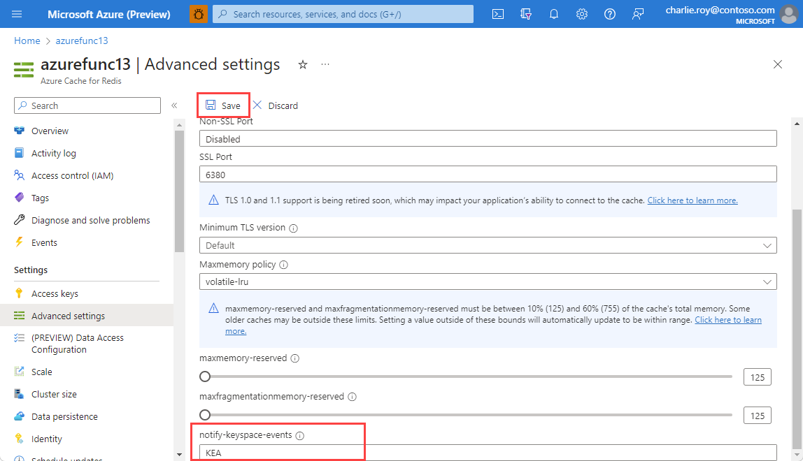 Screenshot of advanced settings for Azure Cache for Redis in the portal.