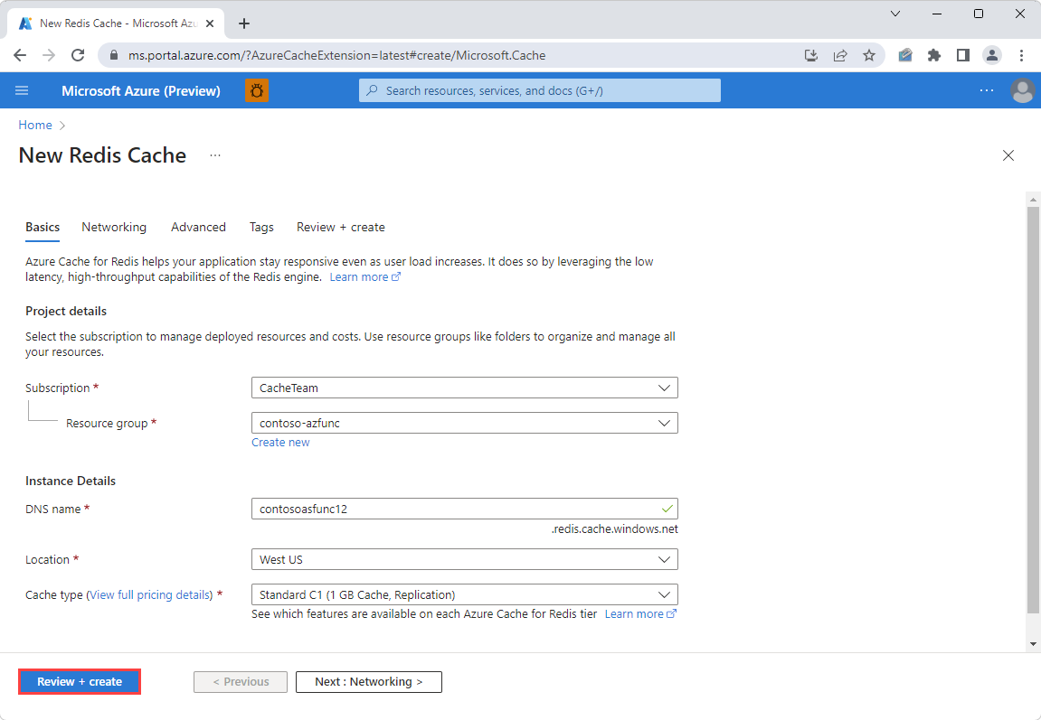 Screenshot of creating a cache in the Azure portal.