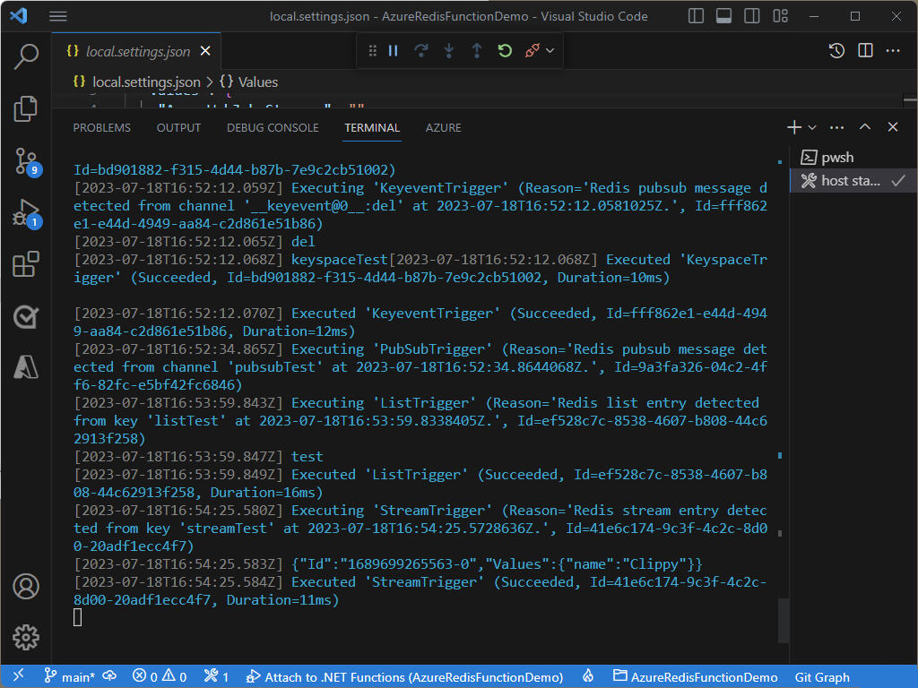 Screenshot of the VS Code editor with code running.