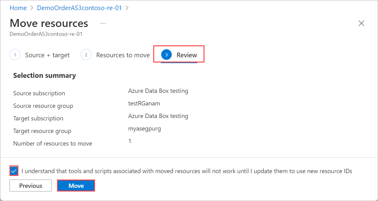 Screenshot showing how to acknowledge the impact of moving to another resource group in the same subscription on Review tab.