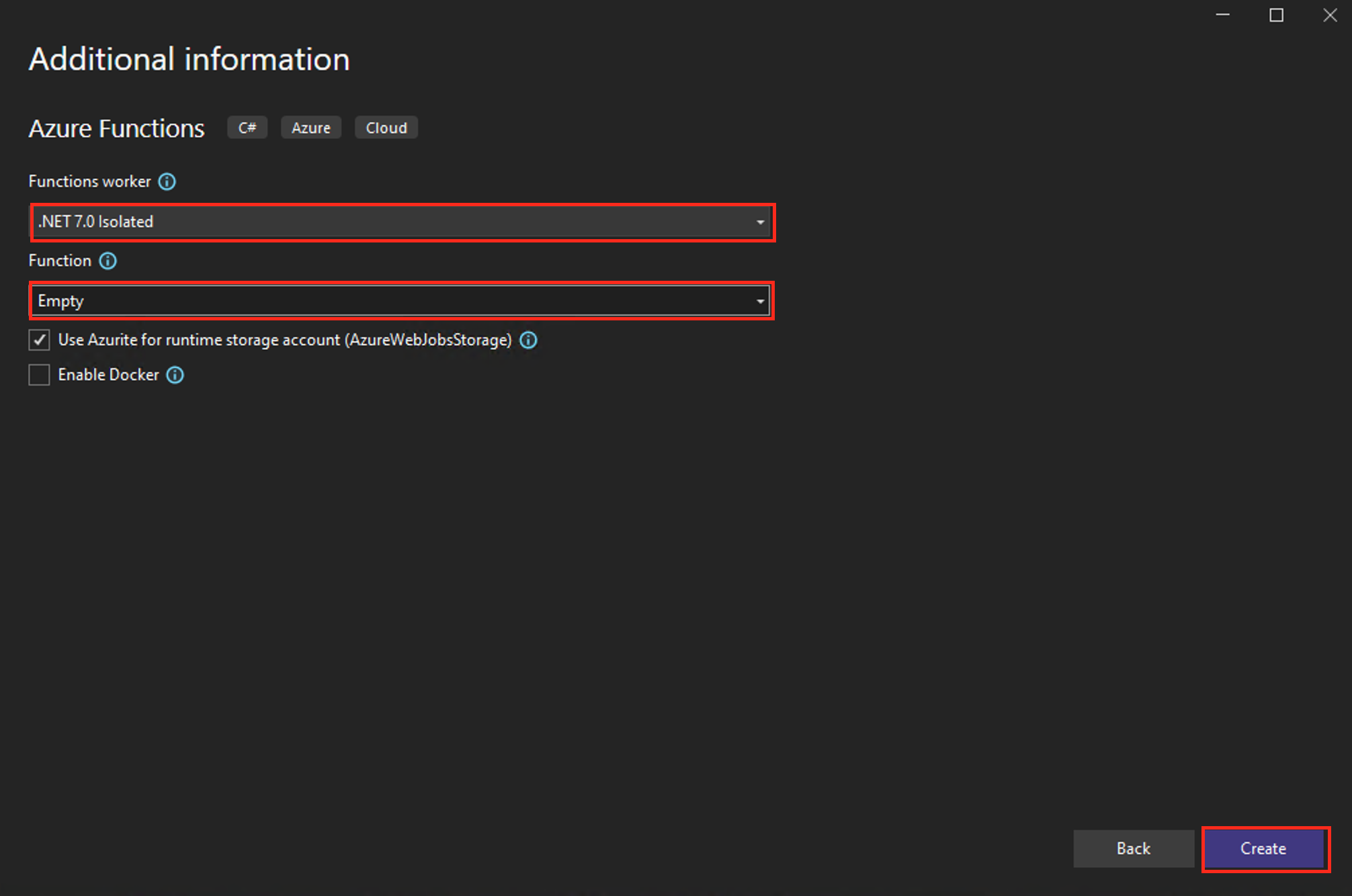 Screenshot of create a new Azure Functions Application dialog in Visual Studio.