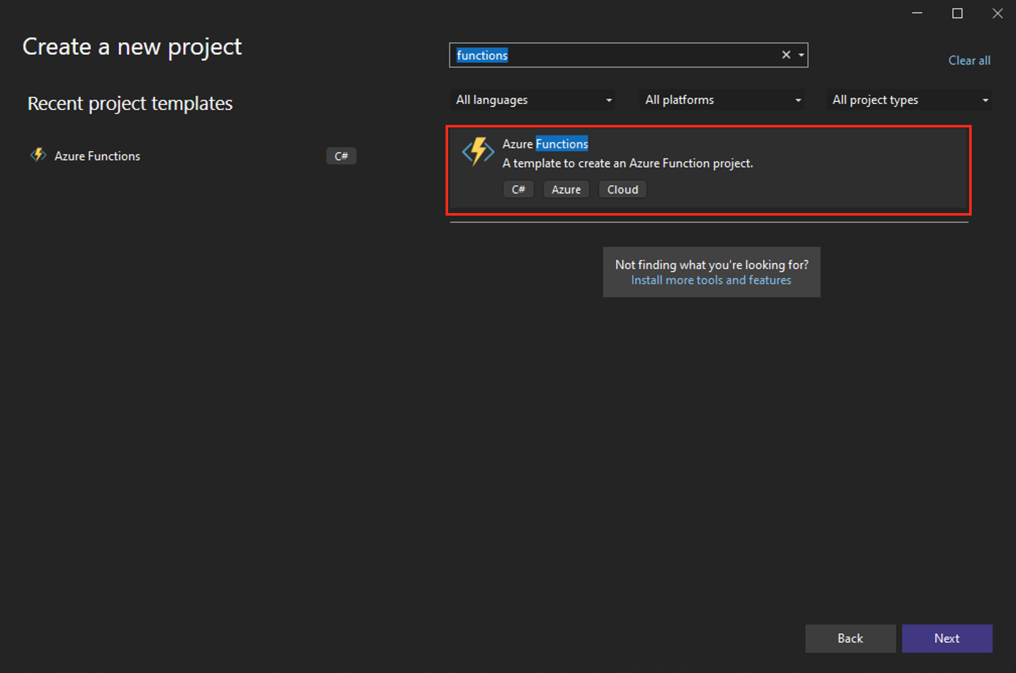 Screenshot of new project dialog in Visual Studio.