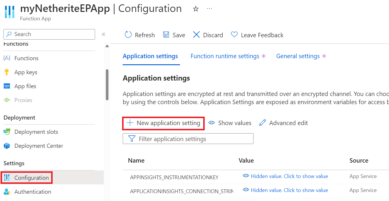 In the Function App view, go to "configuration" and select "new application setting."