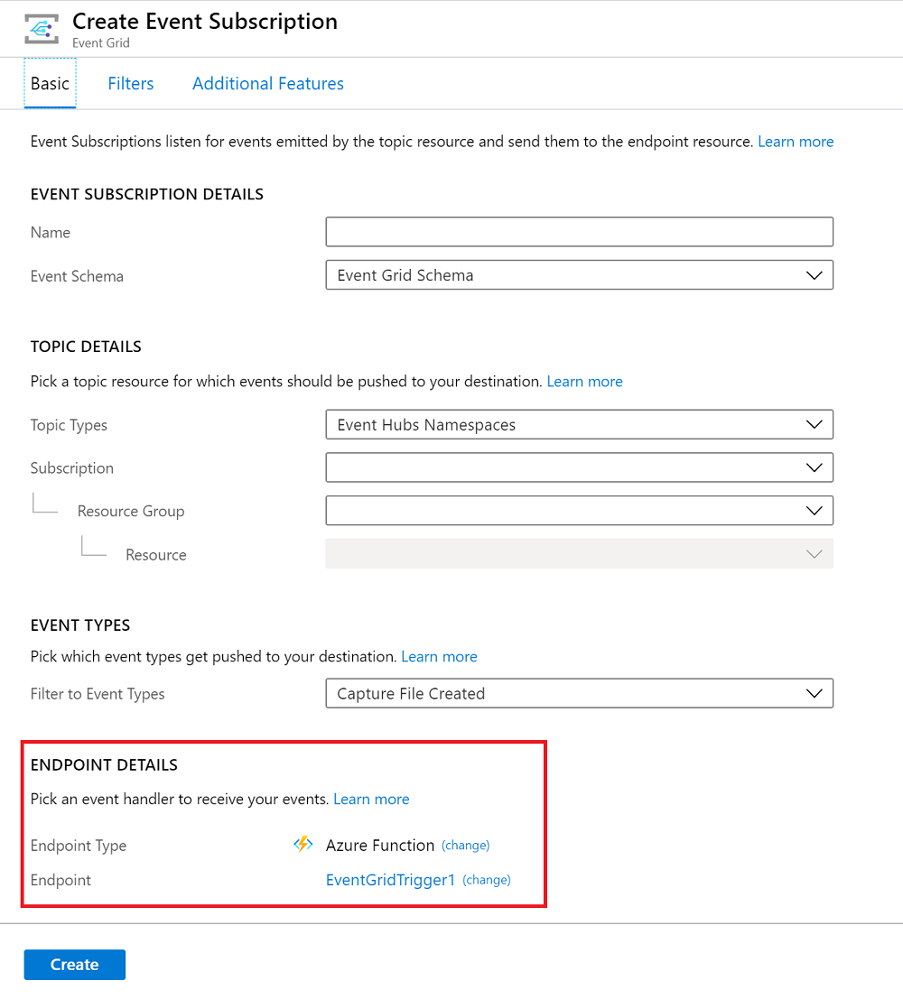 Create event subscription with function endpoint already defined