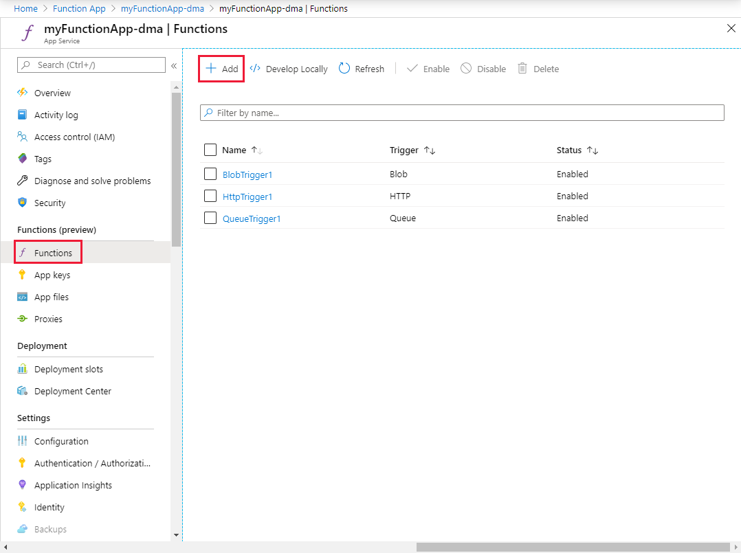Add a function in the Azure portal.