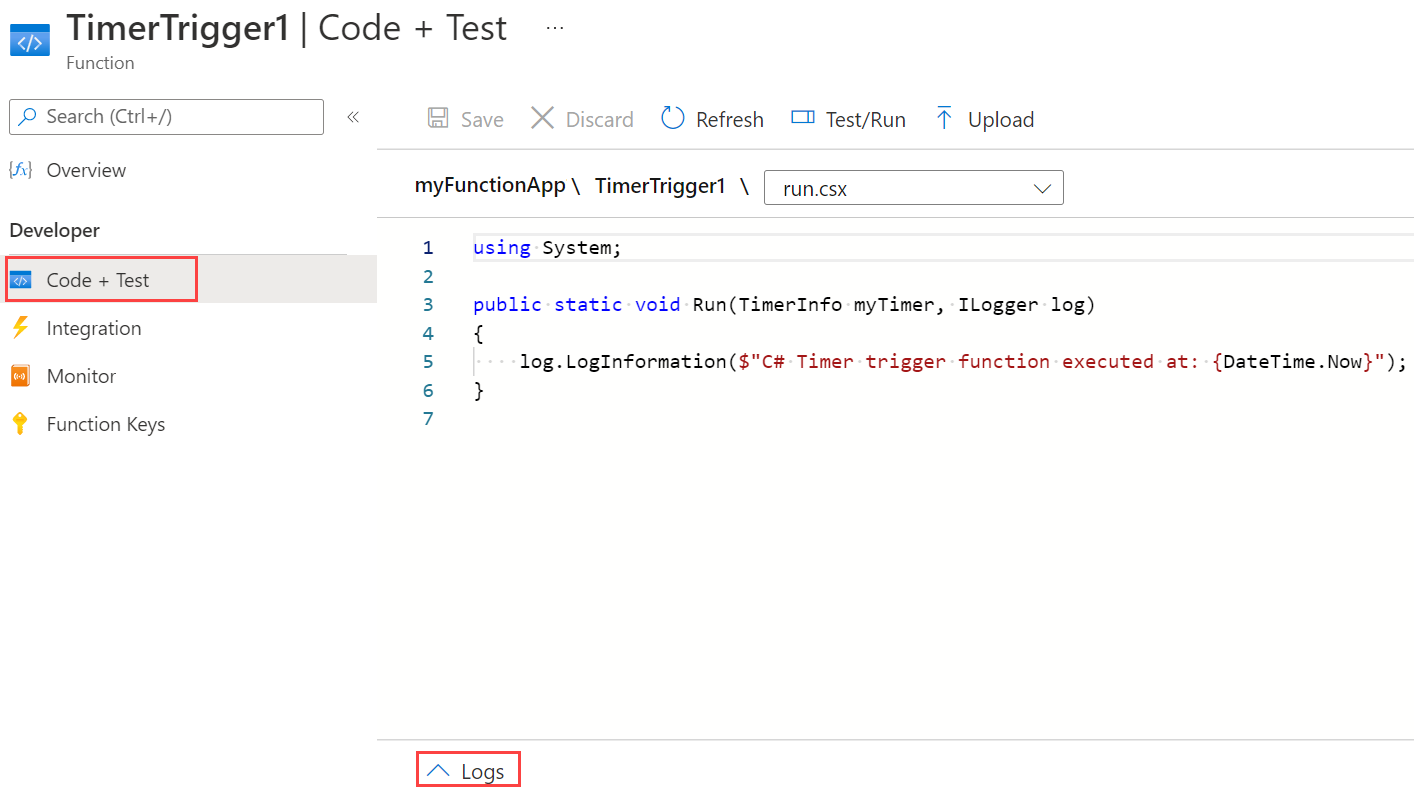 Screenshot of the Test the timer trigger page in the Azure portal.