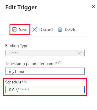Screenshot of the Update function timer schedule page in the Azure portal.