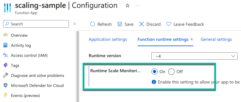 Screenshot of how to enable runtime-driven scaling for Azure Functions.
