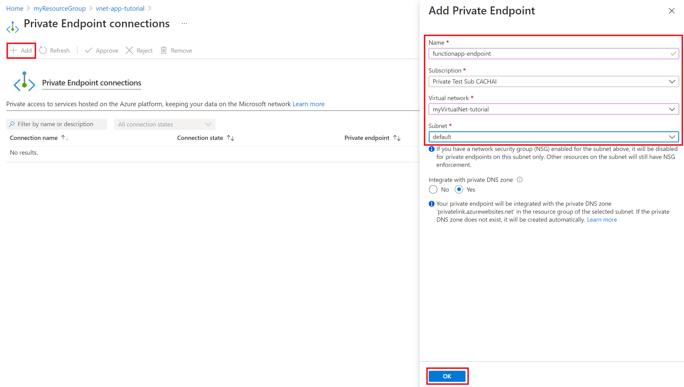 Screenshot of how to create a function app private endpoint. The name is functionapp-endpoint. The subscription is 'Private Test Sub CACHHAI'. The virtual network is MyVirtualNet-tutorial. The subnet is default.