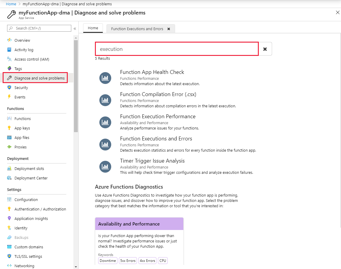 Search for Azure Functions diagnostics.