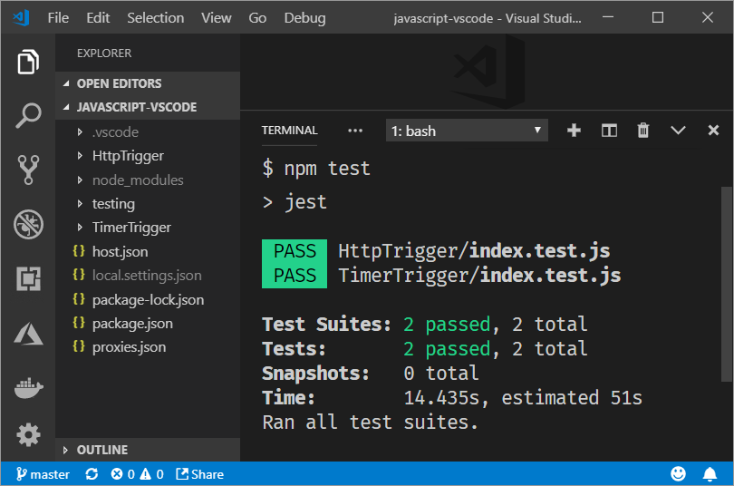 Testing Azure Functions with JavaScript in VS Code