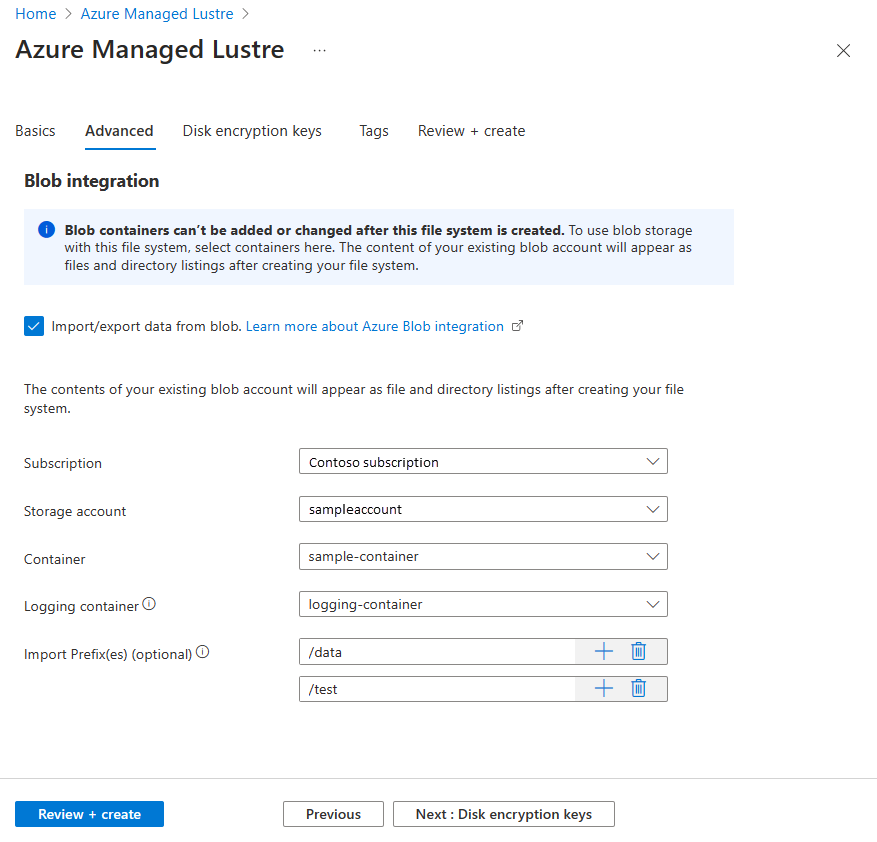 Screenshot showing blob integration settings on Advanced tab in Azure Managed Lustre Create wizard.