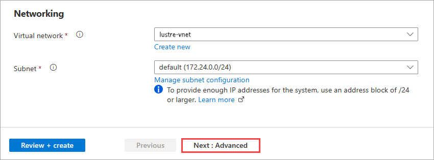 Screenshot showing Network settings for an Azure Managed Lustre file system.