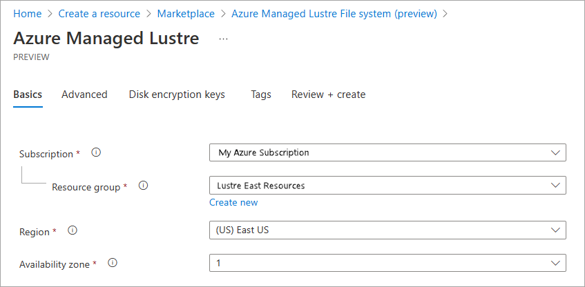 Screenshot showing Project Details on the Basics tab for Azure Managed Lustre.