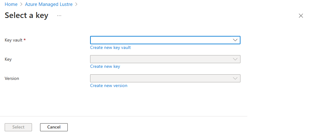 Screenshot showing Select a key screen while creating Azure Managed Lustre file system.