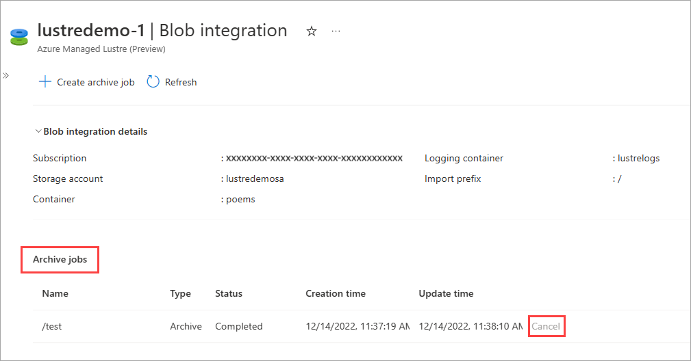 Screenshot showing the Blob Integration pane for an Azure Managed Lustre file system. The Archive Jobs heading and the Cancel button for a completed job are highlighted.