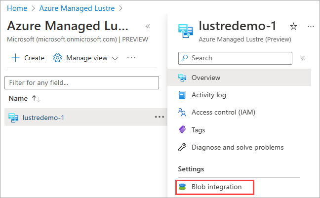 Screenshot showing the Blob Integration menu item on the Overview pane for an Azure Managed Lustre file system.
