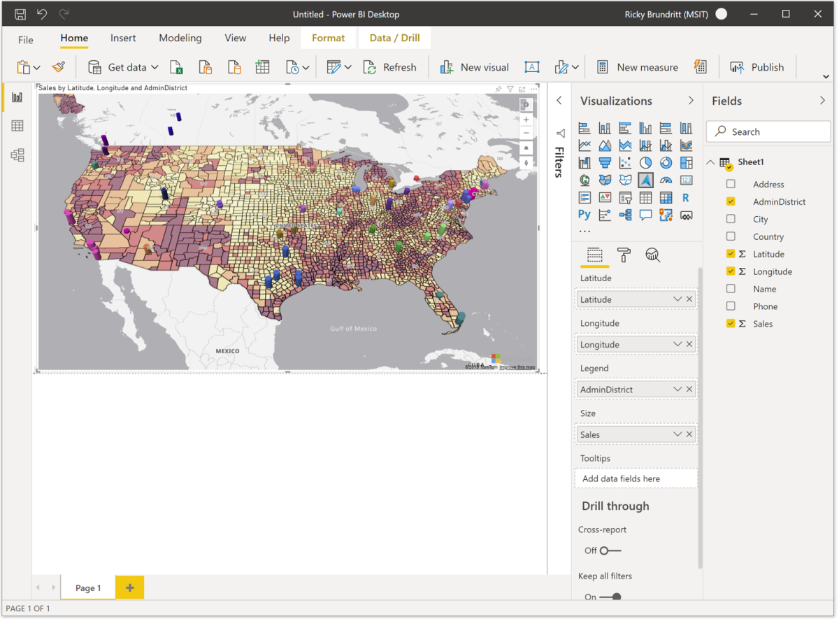 Power BI desktop with the Azure Maps Power BI visual displaying business data