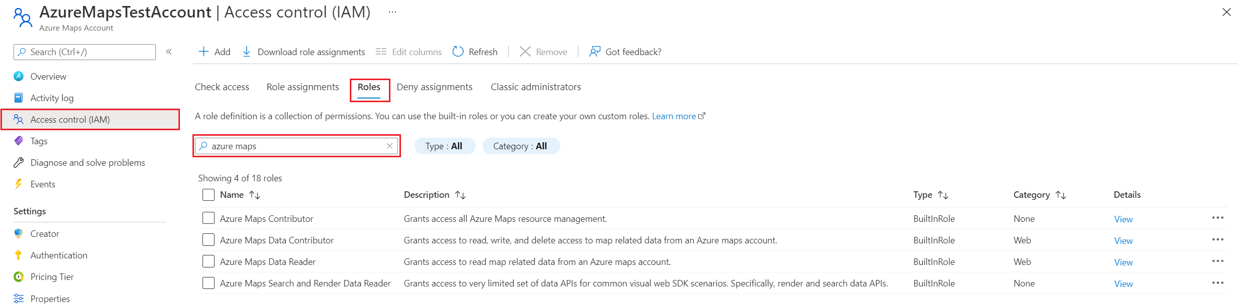 View built-in Azure Maps role definitions.