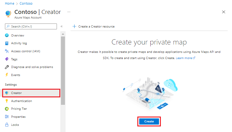 A screenshot of the Azure Maps Account page showing the Creator page with the Create button highlighted.