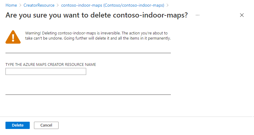 A screenshot of the Azure Maps Creator Resource deletion confirmation page.