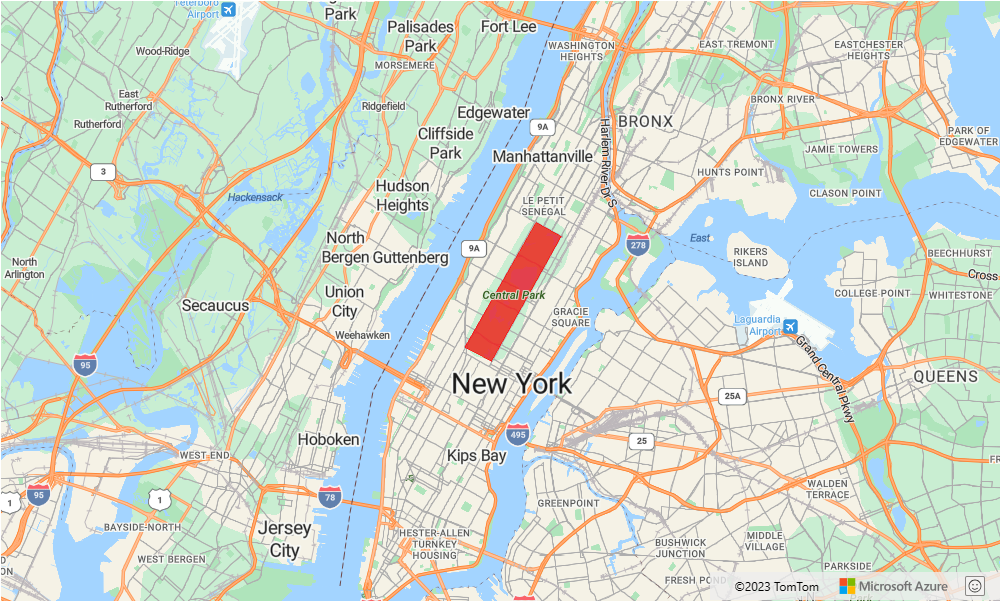 A screenshot of map of New York City demonstrating the polygon layer that is covering Central Park with fill Color set to red and fill Opacity set to 0.7.