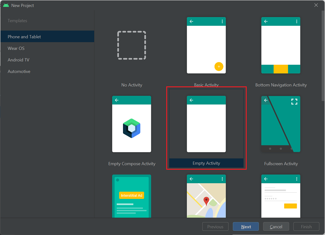 A screenshot that shows the New Project screen in Android Studio.