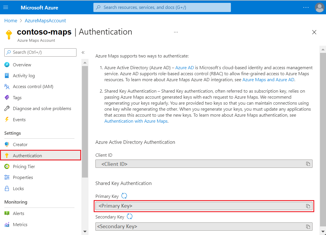 A screenshot showing the Azure Maps Primary key in the Azure portal.