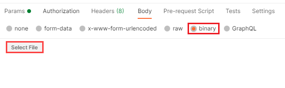 A screenshot of Postman showing the body tab in the POST window, with Select File highlighted, this is used to select the Drawing package to import into Creator.