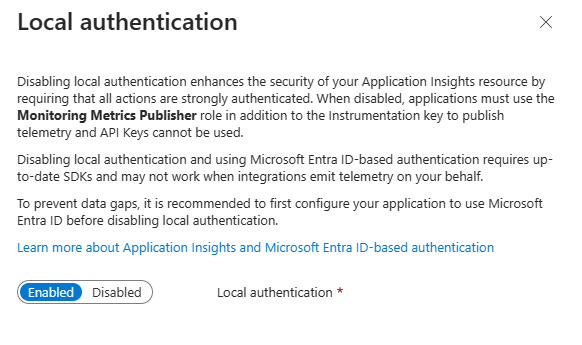 Screenshot of local authentication with the enabled/disabled button highlighted.