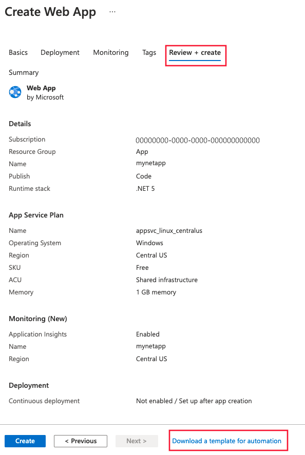 Screenshot of App Service web app creation menu.