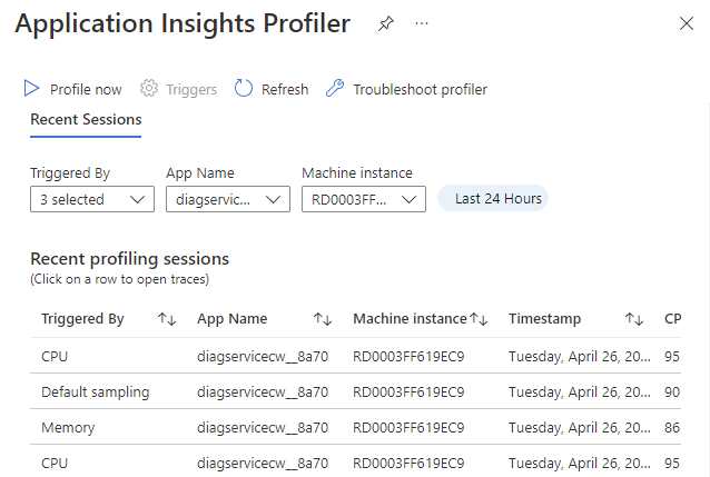 Profiler page features and settings