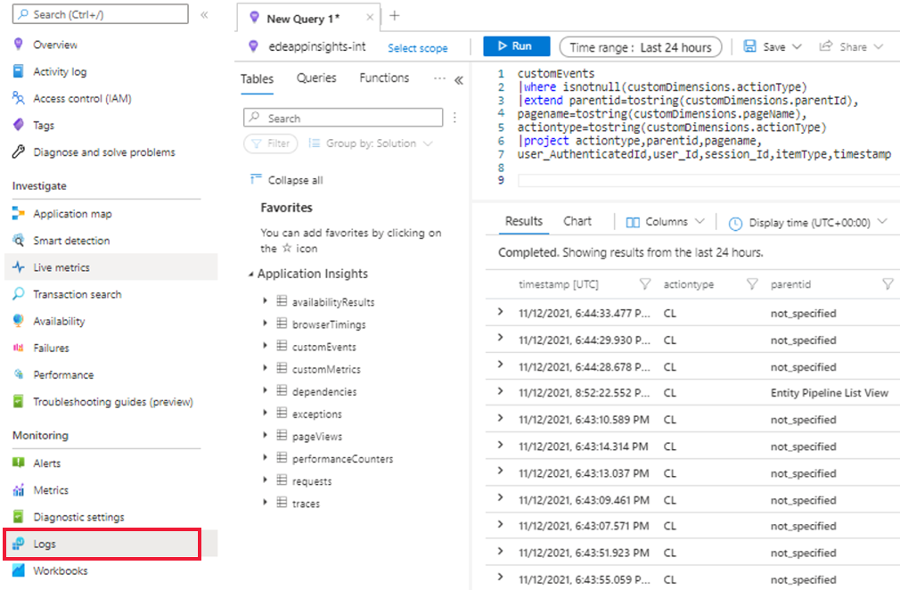 Screenshot highlighting the log section under 'Monitoring' in App Insights. Also displays a sample query in the log section to retrieve application data.
