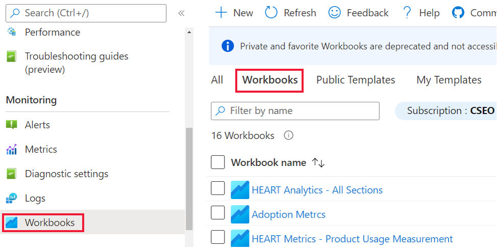 Screenshot highlighting the 'Workbooks' button next to the 'Public templates' tab, where the edited copy of the workbook will be found.