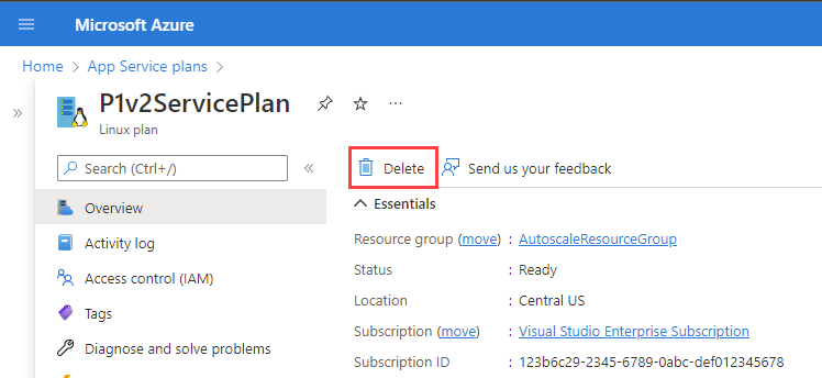 Screenshot that shows the App Service plans page where you can delete the App Service plan.
