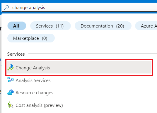 Screenshot of searching Change Analysis in Azure portal