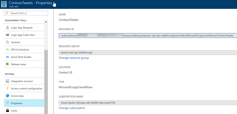 Screenshot that shows resource ID displayed in the Properties pane in the Azure portal.